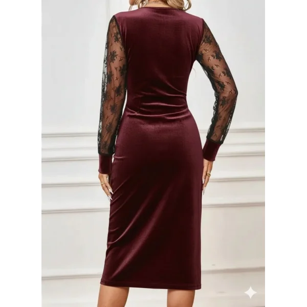 Kadın Uzun Kollu Kruvaze Yakalı Yandan Düğmeli önden çapraz Kesin Detaylı Midi Kadife Elbise