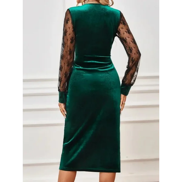 Kadın Uzun Kollu Kruvaze Yakalı Yandan Düğmeli önden çapraz Kesin Detaylı Midi Kadife Elbise