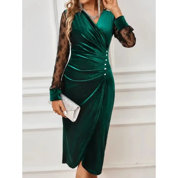 Kadın Uzun Kollu Kruvaze Yakalı Yandan Düğmeli önden çapraz Kesin Detaylı Midi Kadife Elbise