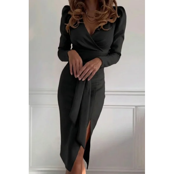 Kadın Uzun Kollu Kruvaze Yakalı Yandan Yırtmaçlı Belden Kuşaklı Midi Ithal Krep Elbise