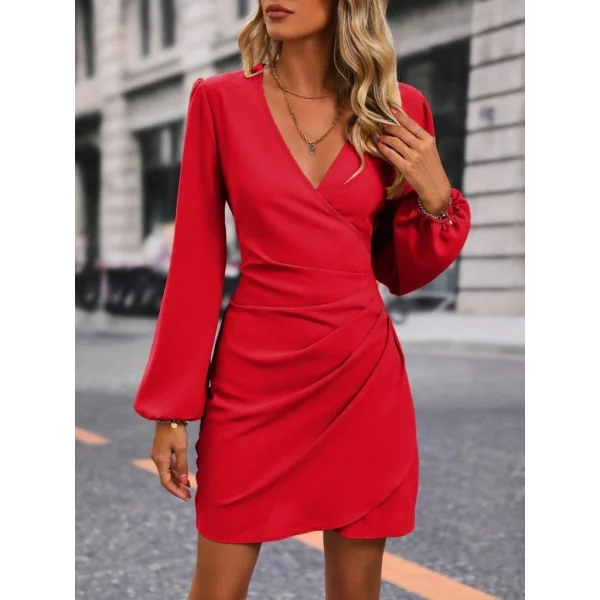 Kadın Uzun Kollu Kruvaze Yakalı Yanlardan Büzgü Detaylı Ithal Krep Kısa Elbise