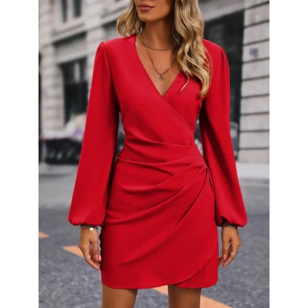 Kadın Uzun Kollu Kruvaze Yakalı Yanlardan Büzgü Detaylı Ithal Krep Kısa Elbise