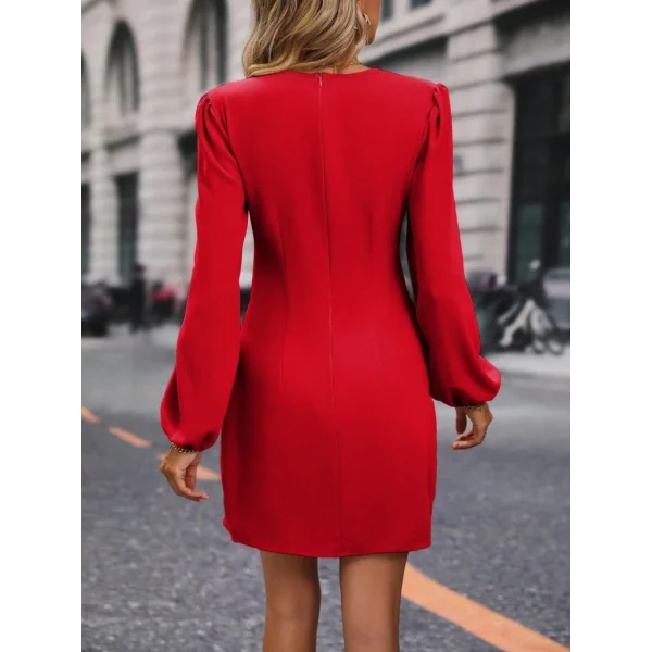 Kadın Uzun Kollu Kruvaze Yakalı Yanlardan Büzgü Detaylı Ithal Krep Kısa Elbise