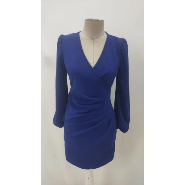 Kadın Uzun Kollu Kruvaze Yakalı Yanlardan Büzgü Detaylı Ithal Krep Kısa Elbise