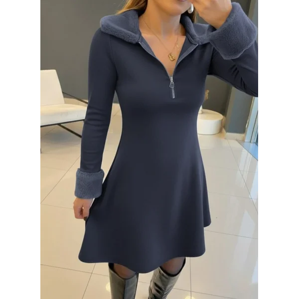 Kadın Uzun Kollu Kürk Yakalı Fermuarlı Mini Viskon Iki Iplik Elbise