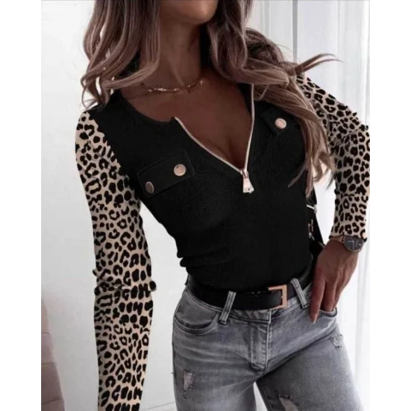 Kadın Uzun Kollu Leopar Desenli Fermuarlı önden Cep Ve Düğme Detaylı Kaşkorse Bluz