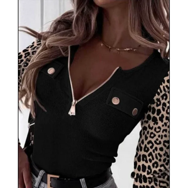 Kadın Uzun Kollu Leopar Desenli Fermuarlı önden Cep Ve Düğme Detaylı Kaşkorse Bluz