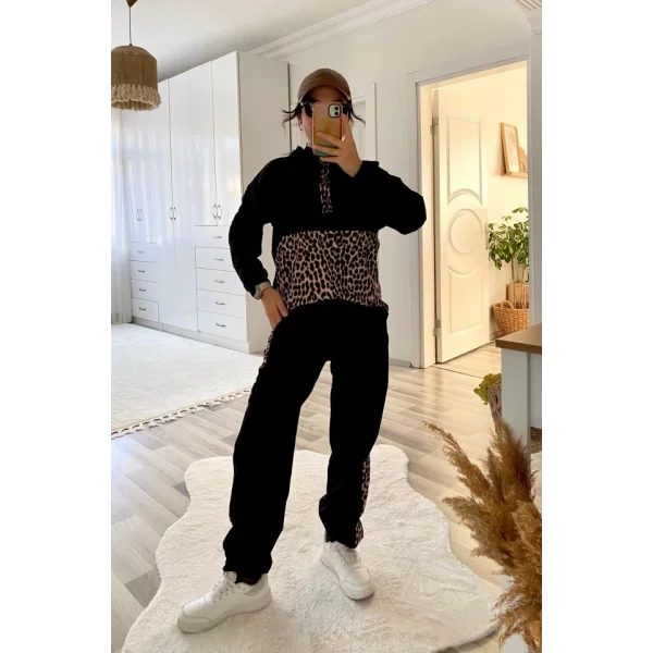 Kadın Uzun Kollu Leopar Detay weat Ve Yanı Leopar şerit Detay Pantolon Ikili Takım