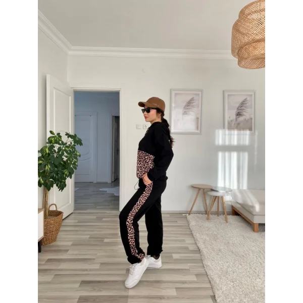 Kadın Uzun Kollu Leopar Detay weat Ve Yanı Leopar şerit Detay Pantolon Ikili Takım