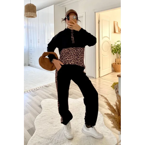 Kadın Uzun Kollu Leopar Detay weat Ve Yanı Leopar şerit Detay Pantolon Ikili Takım