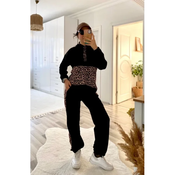 Kadın Uzun Kollu Leopar Detay weat Ve Yanı Leopar şerit Detay Pantolon Ikili Takım