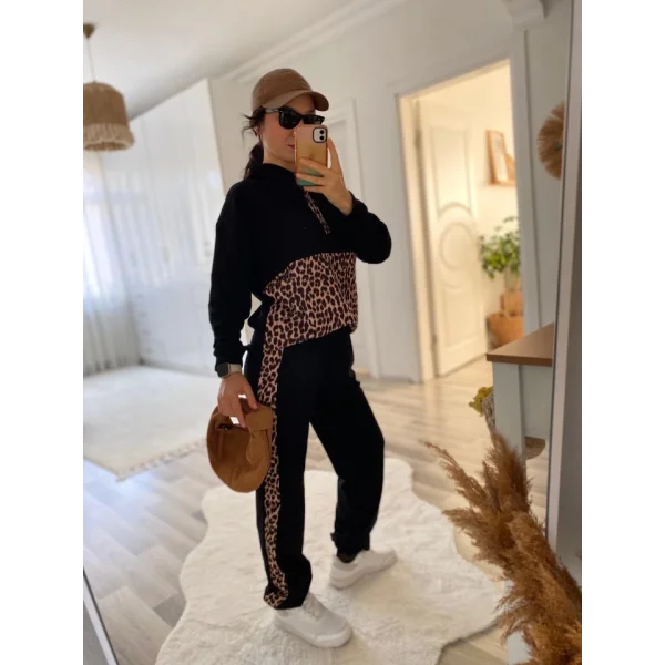 Kadın Uzun Kollu Leopar Detay weat Ve Yanı Leopar şerit Detay Pantolon Ikili Takım