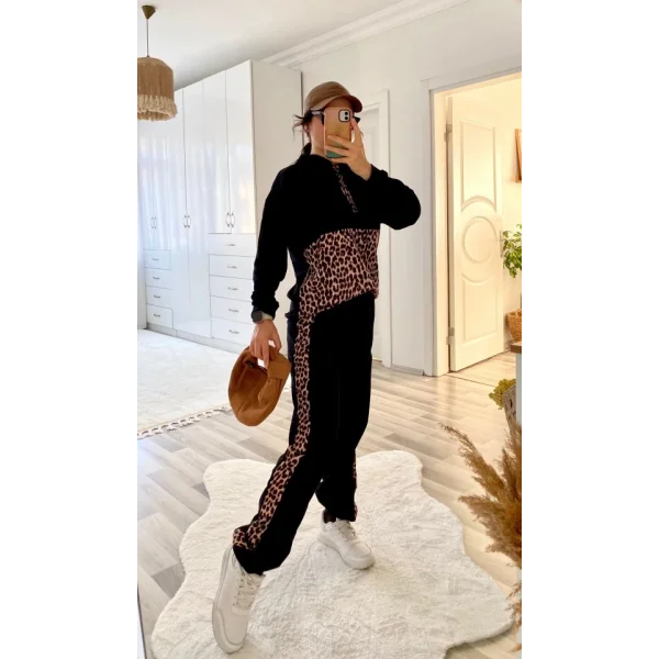 Kadın Uzun Kollu Leopar Detay weat Ve Yanı Leopar şerit Detay Pantolon Ikili Takım