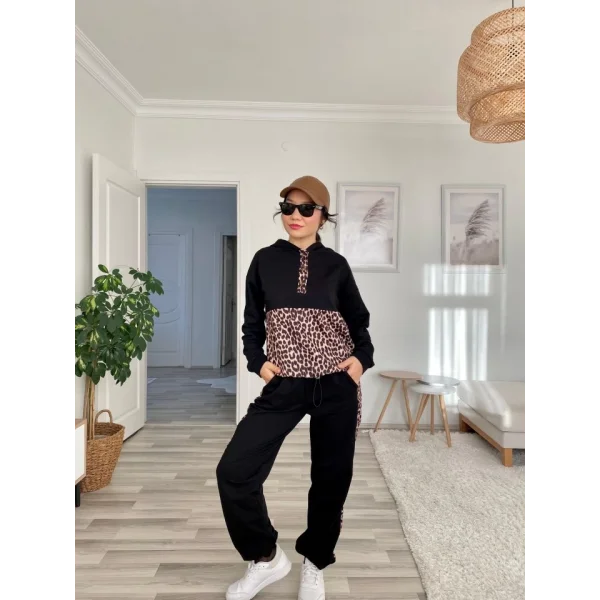 Kadın Uzun Kollu Leopar Detay weat Ve Yanı Leopar şerit Detay Pantolon Ikili Takım