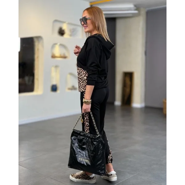 Kadın Uzun Kollu Leopar Detay weat Ve Yanı Leopar şerit Detay Pantolon Ikili Takım