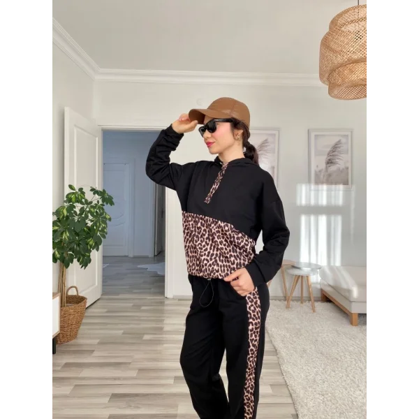 Kadın Uzun Kollu Leopar Detay weat Ve Yanı Leopar şerit Detay Pantolon Ikili Takım