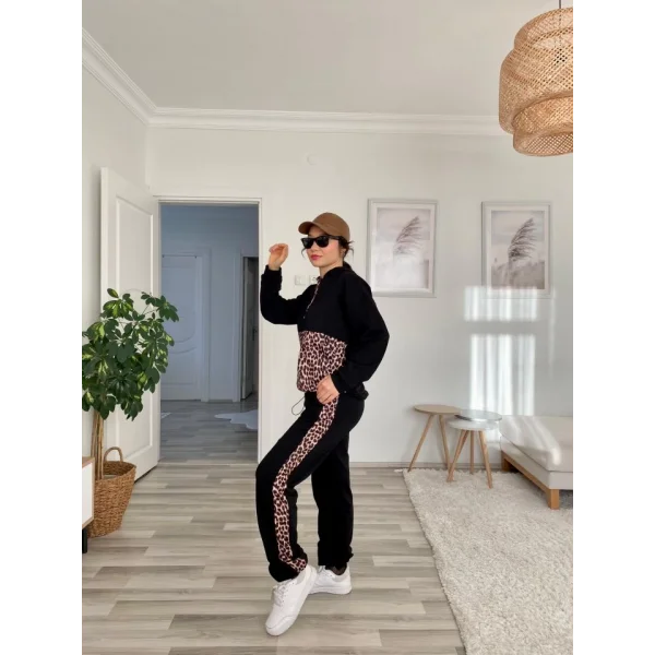 Kadın Uzun Kollu Leopar Detay weat Ve Yanı Leopar şerit Detay Pantolon Ikili Takım