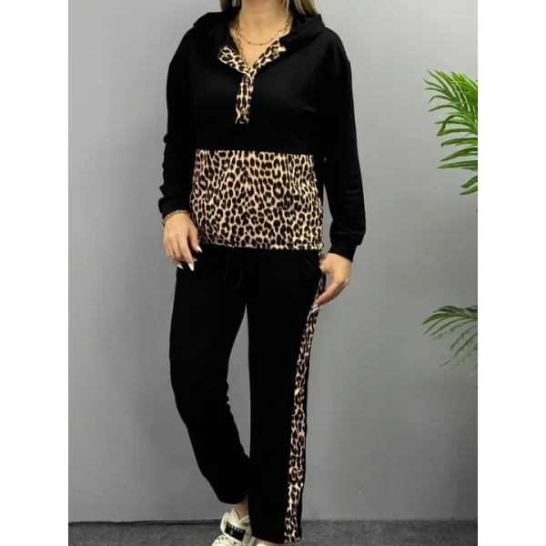 Kadın Uzun Kollu Leopar Detay weat Ve Yanı Leopar şerit Detay Pantolon Ikili Takım