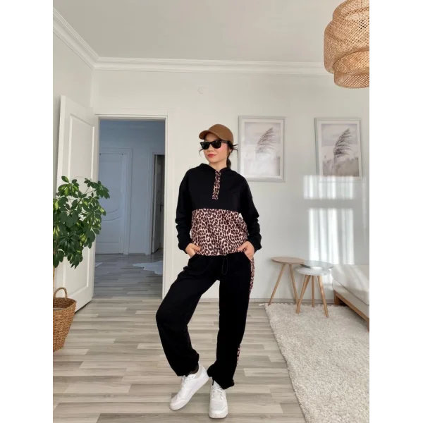 Kadın Uzun Kollu Leopar Detay weat Ve Yanı Leopar şerit Detay Pantolon Ikili Takım