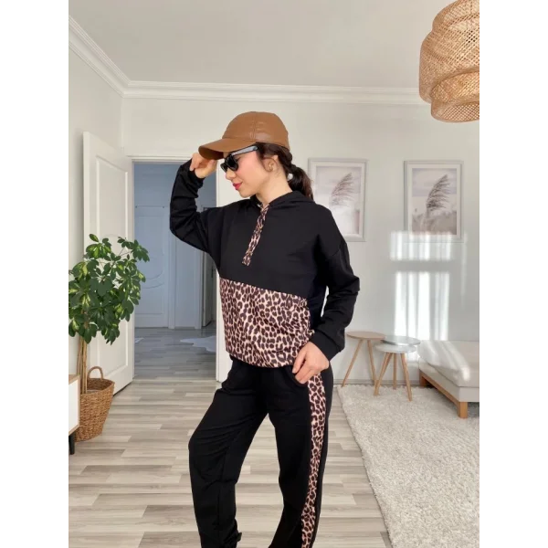 Kadın Uzun Kollu Leopar Detay weat Ve Yanı Leopar şerit Detay Pantolon Ikili Takım