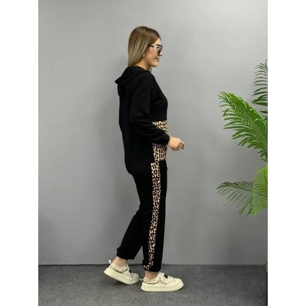 Kadın Uzun Kollu Leopar Detay weat Ve Yanı Leopar şerit Detay Pantolon Ikili Takım