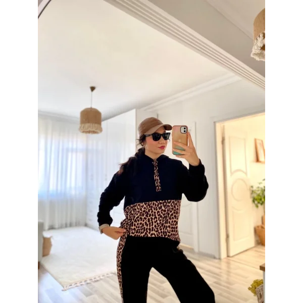 Kadın Uzun Kollu Leopar Detay weat Ve Yanı Leopar şerit Detay Pantolon Ikili Takım