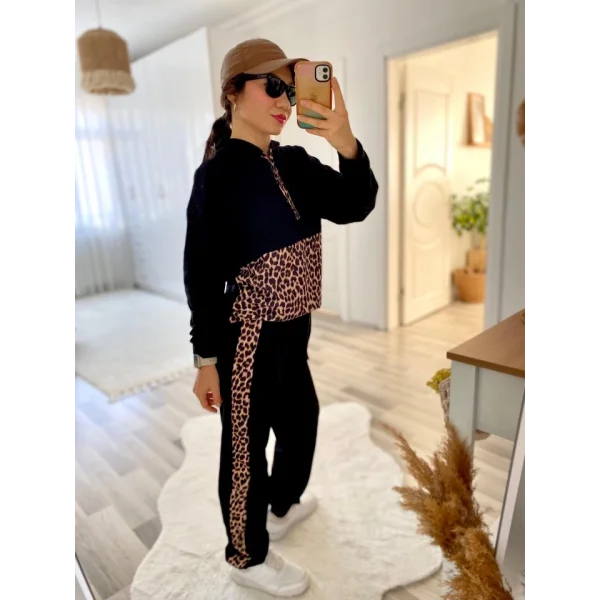 Kadın Uzun Kollu Leopar Detay weat Ve Yanı Leopar şerit Detay Pantolon Ikili Takım