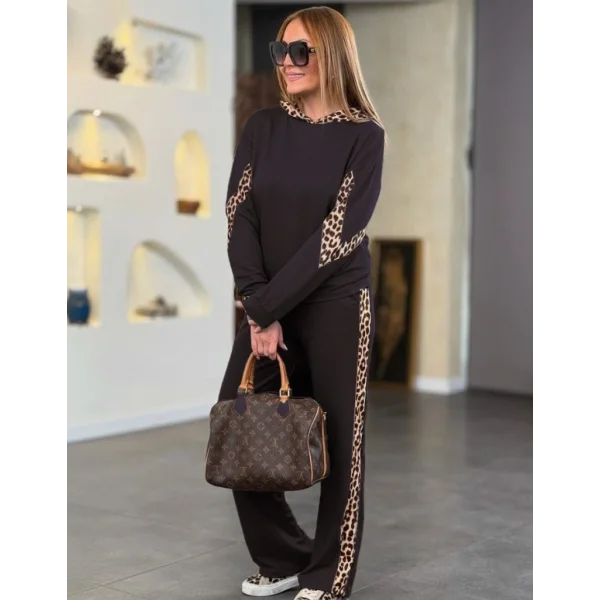 Kadın Uzun Kollu Leopar Detaylı Dalgıç Eşofman Takımı