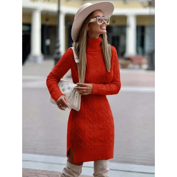 Kadın Uzun Kollu Loren Yünlü Motifli Midi Boy Triko Elbise