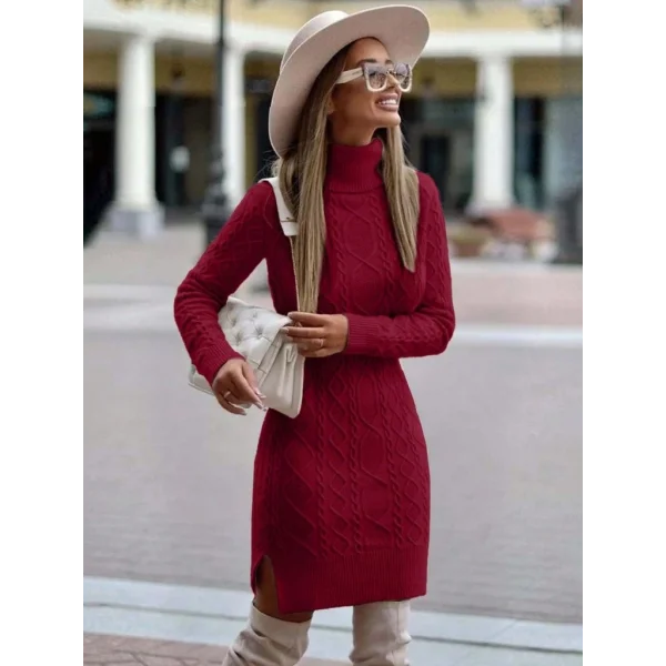 Kadın Uzun Kollu Loren Yünlü Motifli Midi Boy Triko Elbise