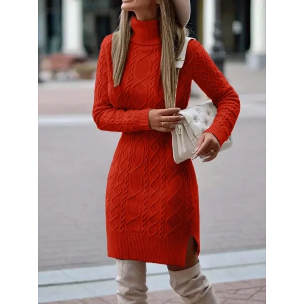 Kadın Uzun Kollu Loren Yünlü Motifli Midi Boy Triko Elbise