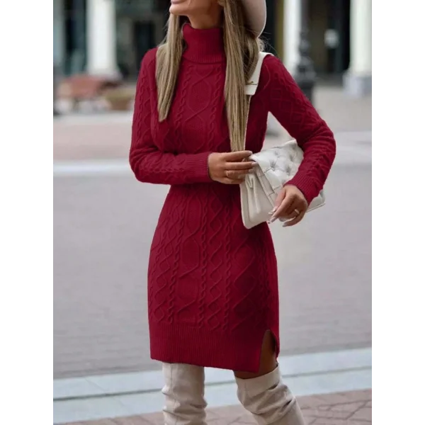 Kadın Uzun Kollu Loren Yünlü Motifli Midi Boy Triko Elbise