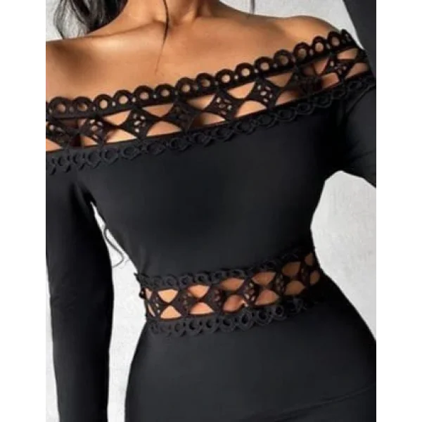 Kadın Uzun Kollu Madonna Dantel Yaka Yırtmaçlı Midi Dalgıç Elbise