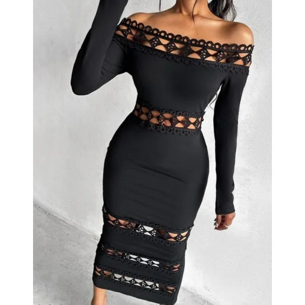 Kadın Uzun Kollu Madonna Dantel Yaka Yırtmaçlı Midi Dalgıç Elbise