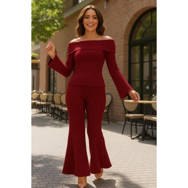 Kadın Uzun Kollu Madonna Döküm Yaka Bluz Ve Pantolon Ikili Takim