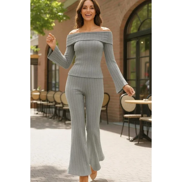 Kadın Uzun Kollu Madonna Döküm Yaka Bluz Ve Pantolon Ikili Takim