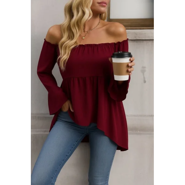 Kadın Uzun Kollu Madonna Yaka Asimetrik Detaylı Kolları Ispanyol Viskon Bluz