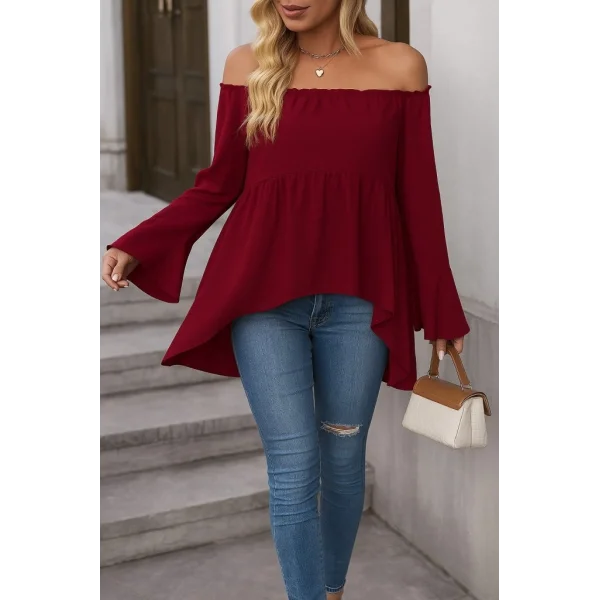 Kadın Uzun Kollu Madonna Yaka Asimetrik Detaylı Kolları Ispanyol Viskon Bluz