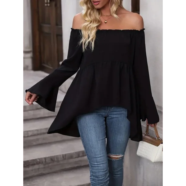 Kadın Uzun Kollu Madonna Yaka Asimetrik Detaylı Kolları Ispanyol Viskon Bluz