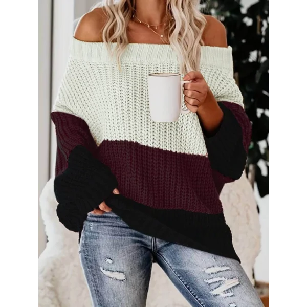 Kadın Uzun Kollu Madonna Yaka çizgi Desenli Salaş Triko