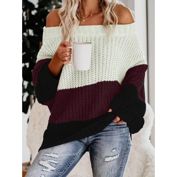 Kadın Uzun Kollu Madonna Yaka çizgi Desenli Salaş Triko