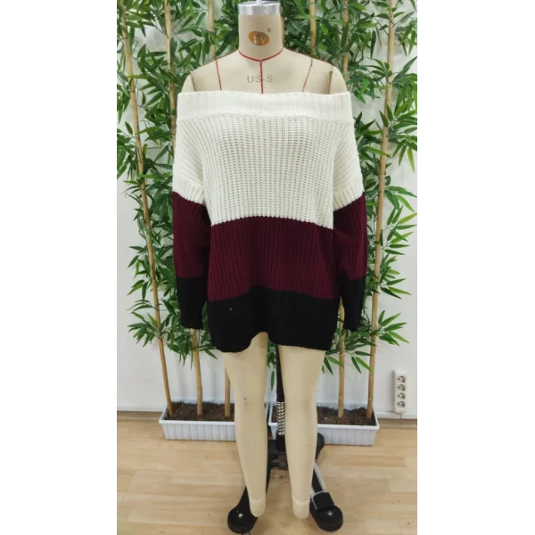 Kadın Uzun Kollu Madonna Yaka çizgi Desenli Salaş Triko