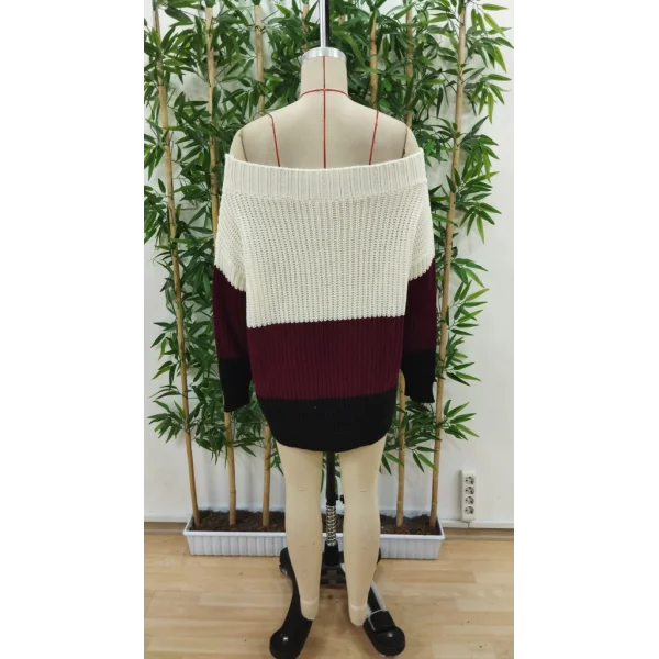 Kadın Uzun Kollu Madonna Yaka çizgi Desenli Salaş Triko