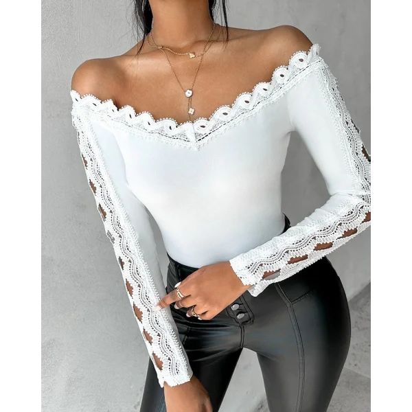 Kadın Uzun Kollu Madonna Yaka Dantel Detaylı Ithal Krep Bluz