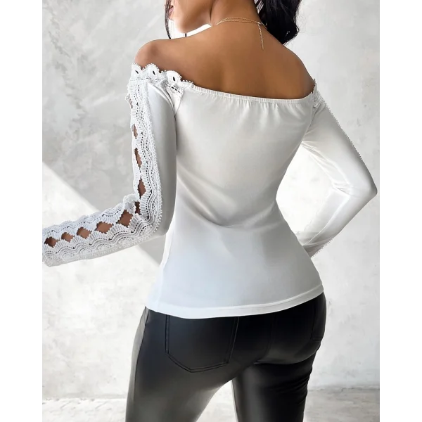 Kadın Uzun Kollu Madonna Yaka Dantel Detaylı Ithal Krep Bluz