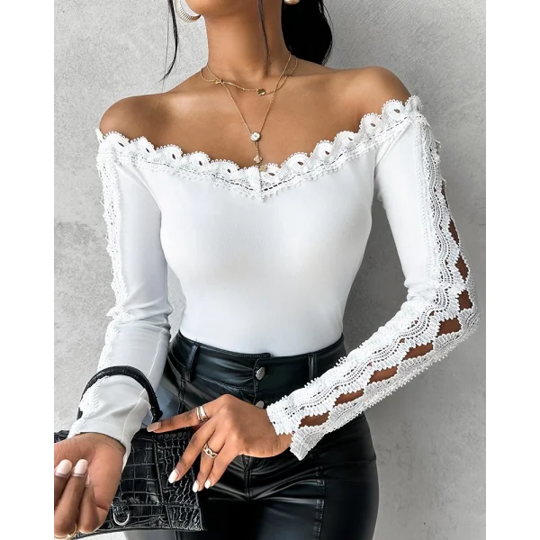 Kadın Uzun Kollu Madonna Yaka Dantel Detaylı Ithal Krep Bluz