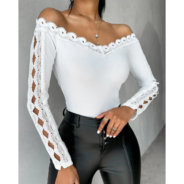 Kadın Uzun Kollu Madonna Yaka Dantel Detaylı Ithal Krep Bluz