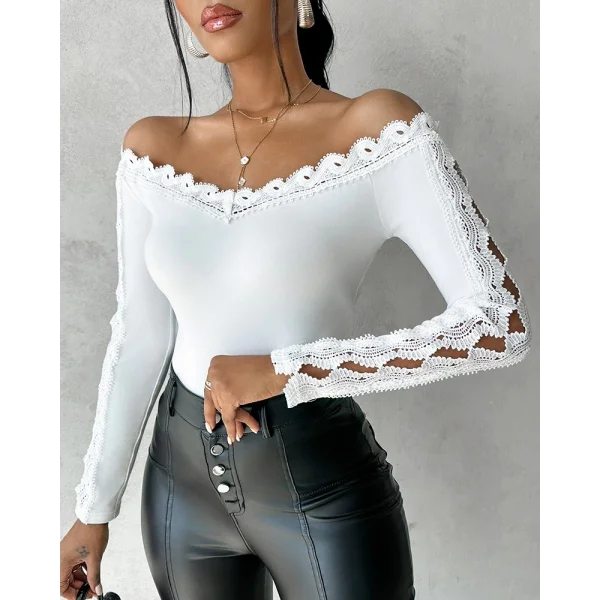 Kadın Uzun Kollu Madonna Yaka Dantel Detaylı Ithal Krep Bluz