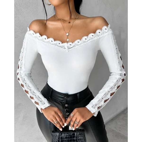 Kadın Uzun Kollu Madonna Yaka Dantel Detaylı Ithal Krep Bluz