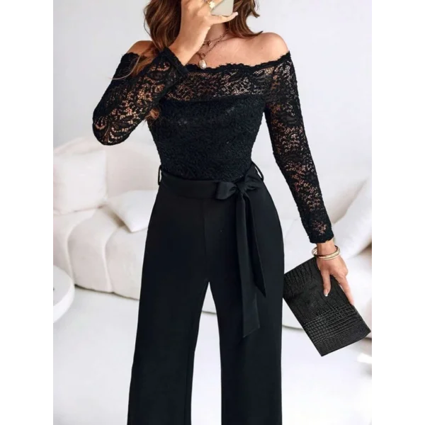 Kadın Uzun Kollu Madonna Yaka Dantelli Yandan Bağlamalı Ithal Krep Tulum